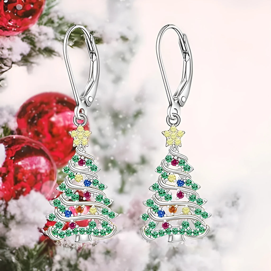 Copper Christmas tree earrings with star design in white gold colour finish for women