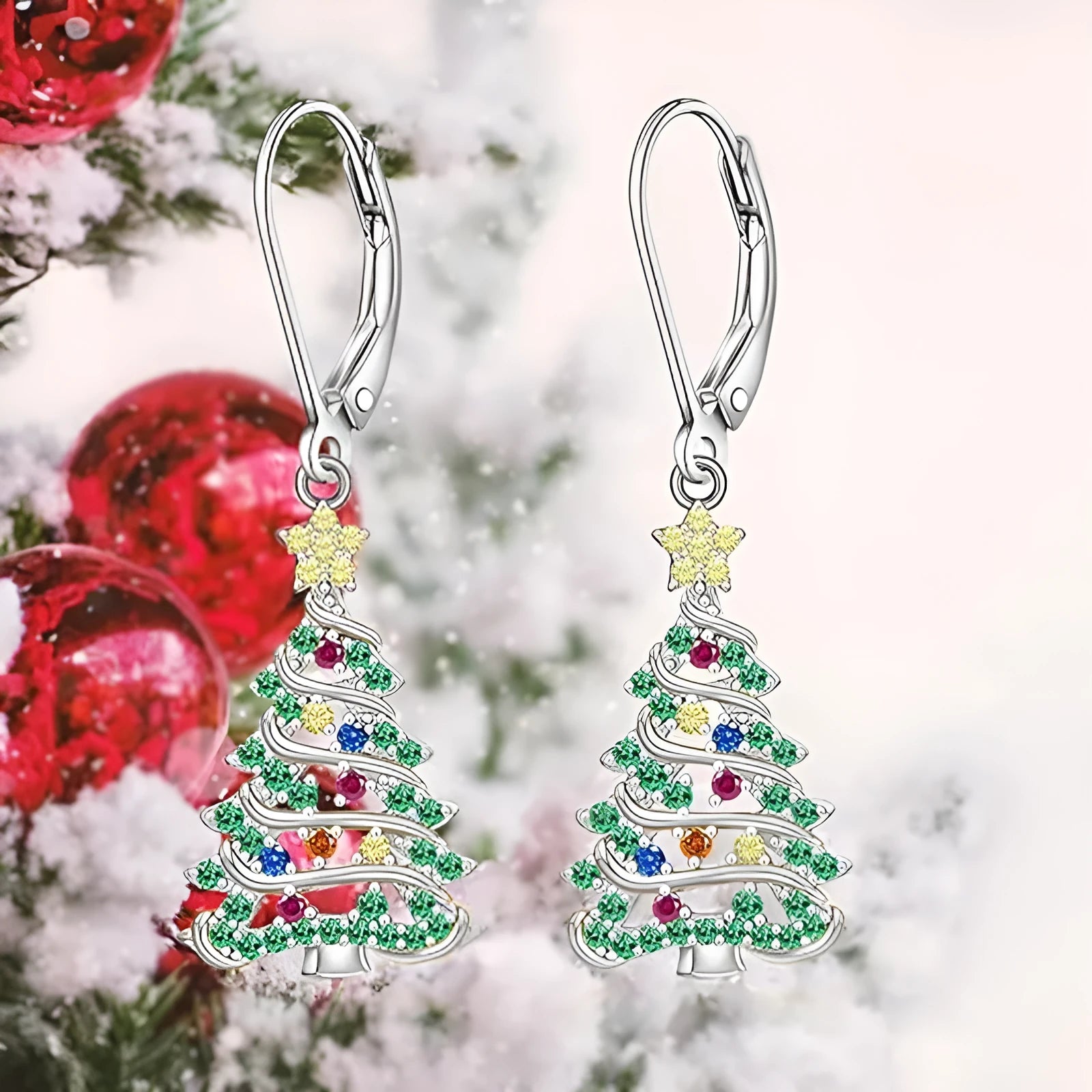 Copper Christmas tree earrings with star design in white gold colour finish for women
