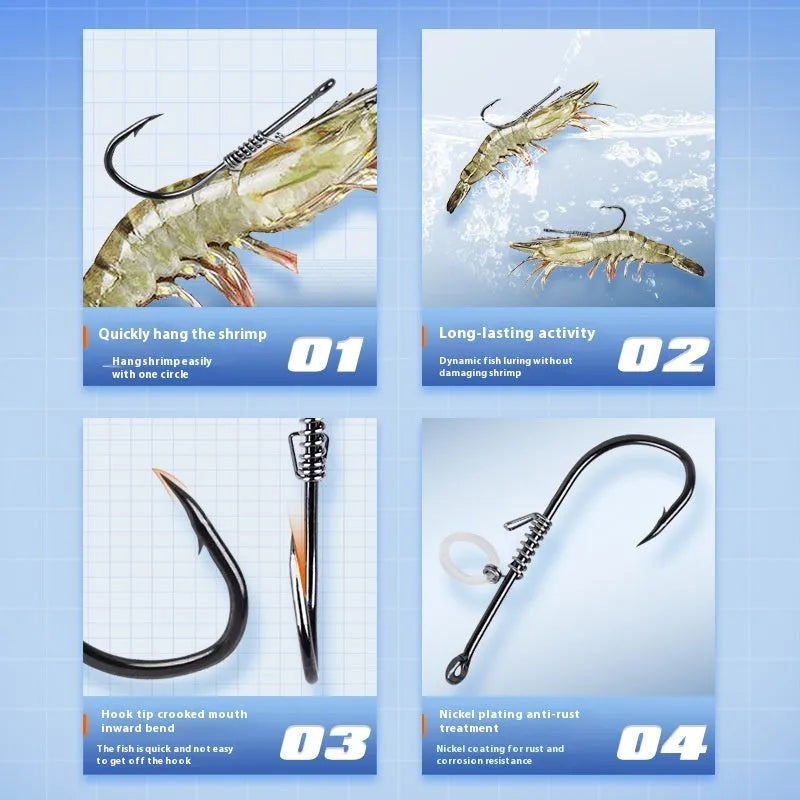 Spring rubber band sea fishing lure for live shrimp with barbed hook, sizes 2/0 to 5/0, pack or box of 4 or 10 pieces.
