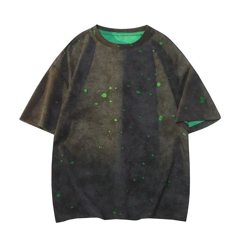 Men's loose fit ripped T-shirt in cotton with distressed design on round neck short sleeve
