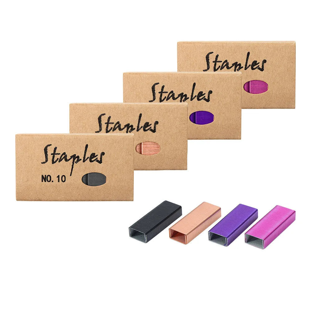 Box of 1000 metal office staples showing colour options: black, purple, rose gold, rose red