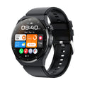 Round smartwatch with black silicone strap showing Bluetooth calling and NFC access control on its 1.36-inch screen