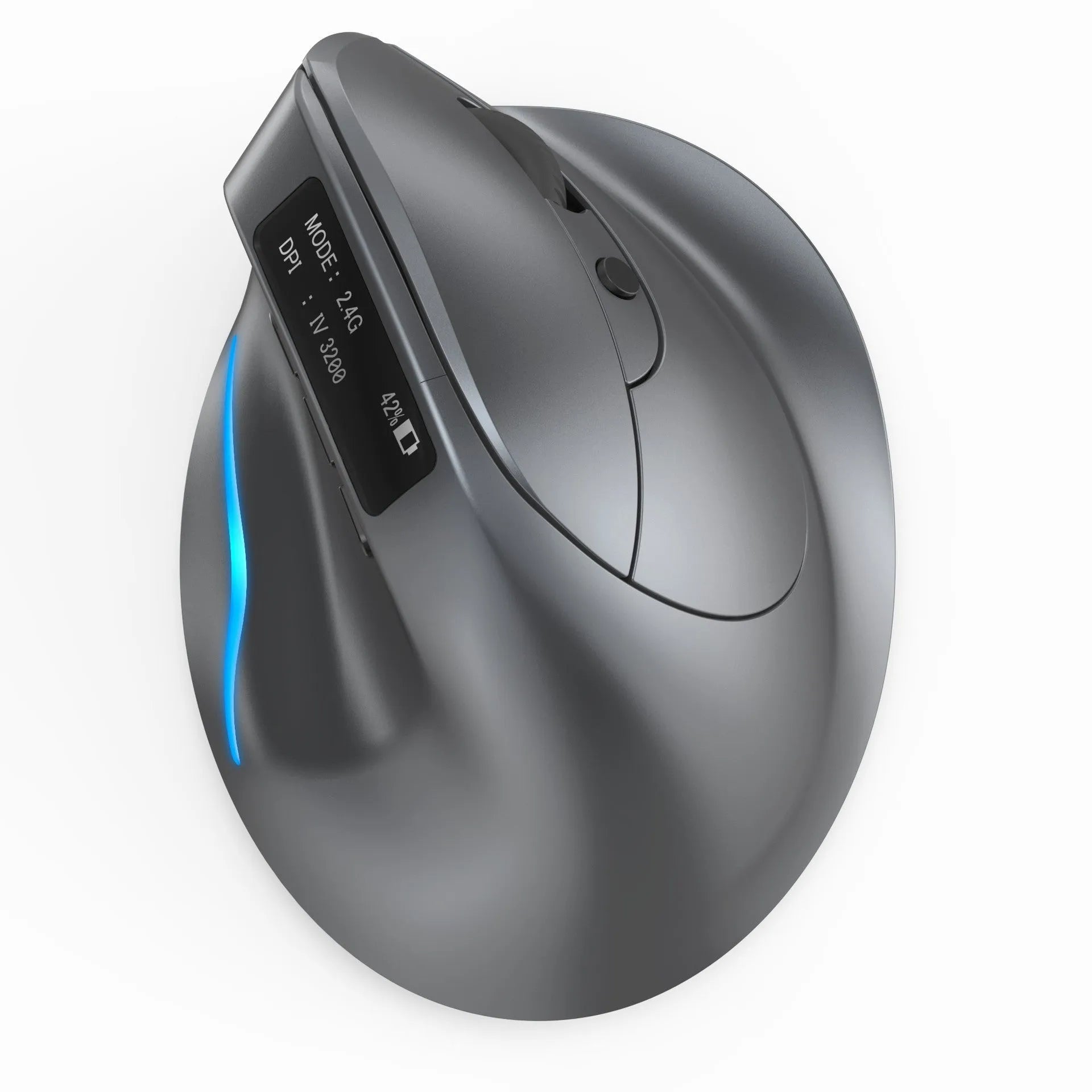Grey handheld Bluetooth vertical mouse showing ergonomic grip design