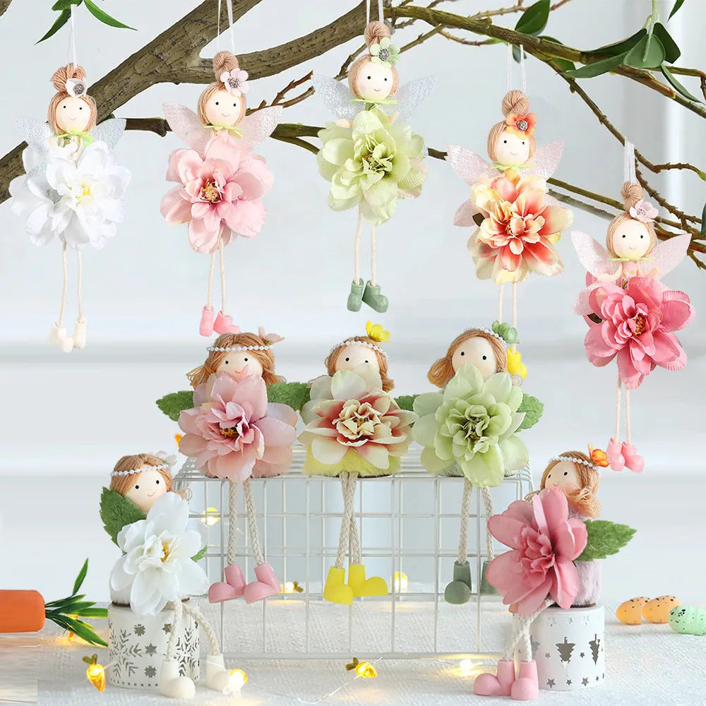Cloth elf pendant with floral angel girl design in dark pink, pink, green, and yellow colour options