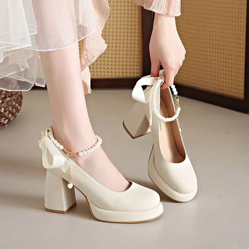 Beige women's Mary Jane shoes with chunky heel and ankle strap buckle on a white background