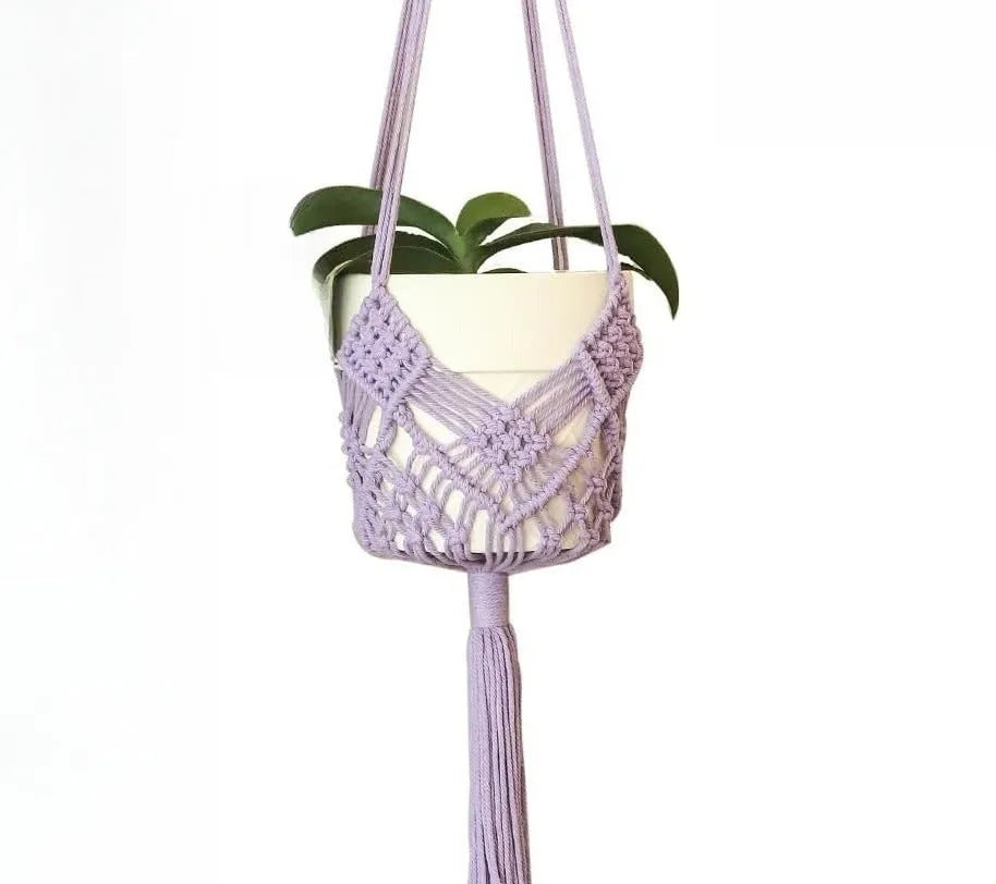 Hand-woven polyester cotton flower pot with net pocket design in brown colour