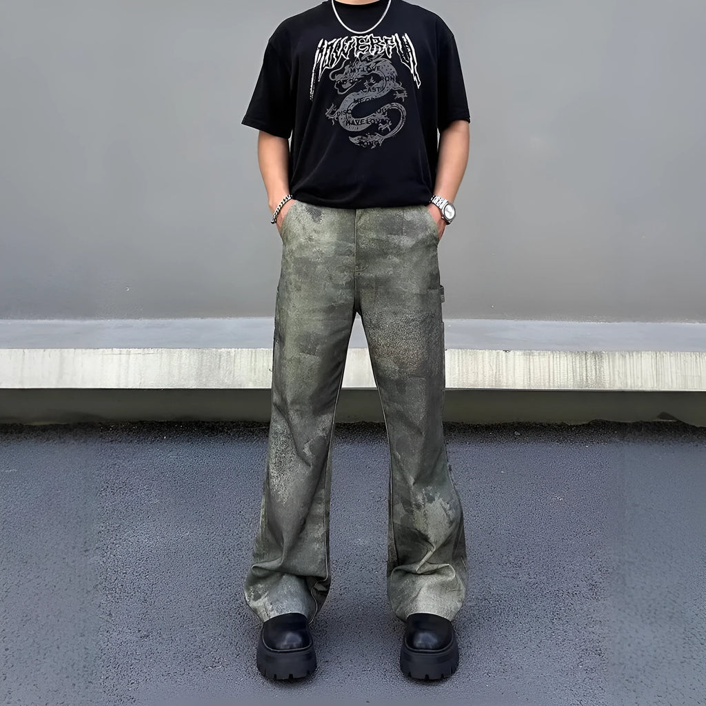 Men's straight leg digital camouflage jeans in cotton denim with retro military pattern