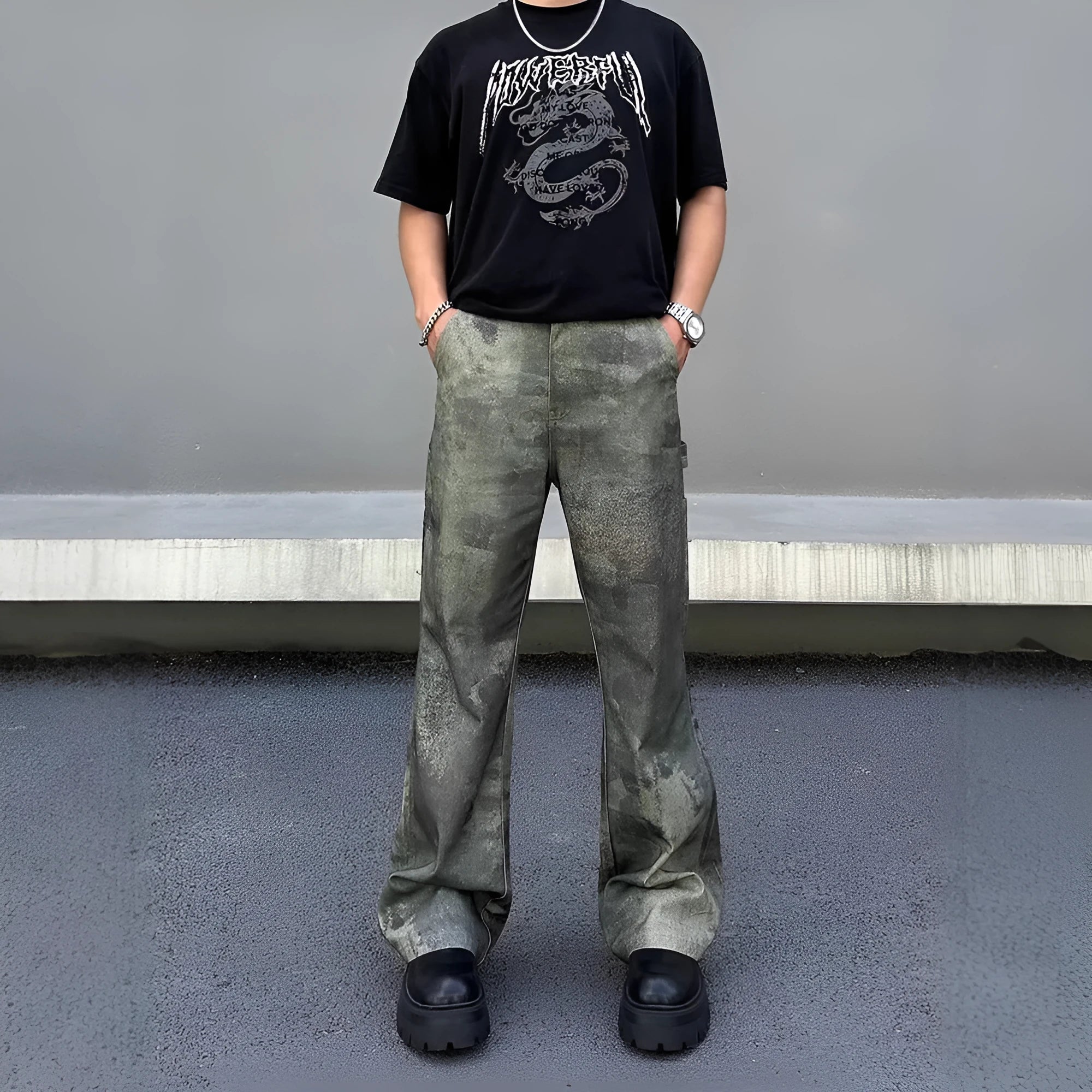 Men's straight leg digital camouflage jeans in cotton denim with retro military pattern