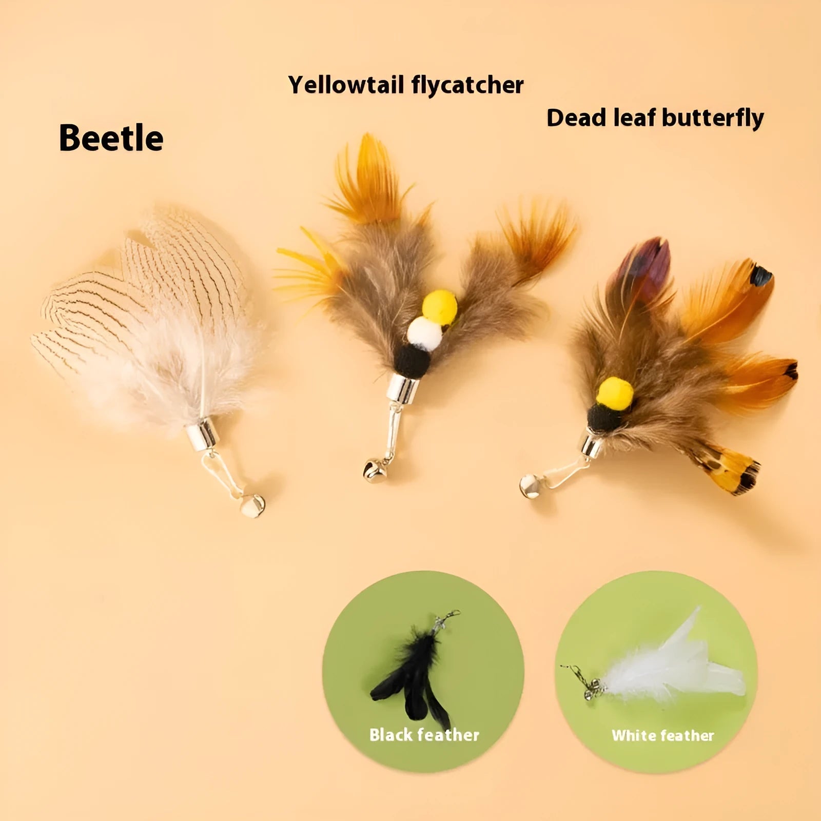 Three steel wire flying insect cat toy replacement heads with scratch-resistant fabric bodies