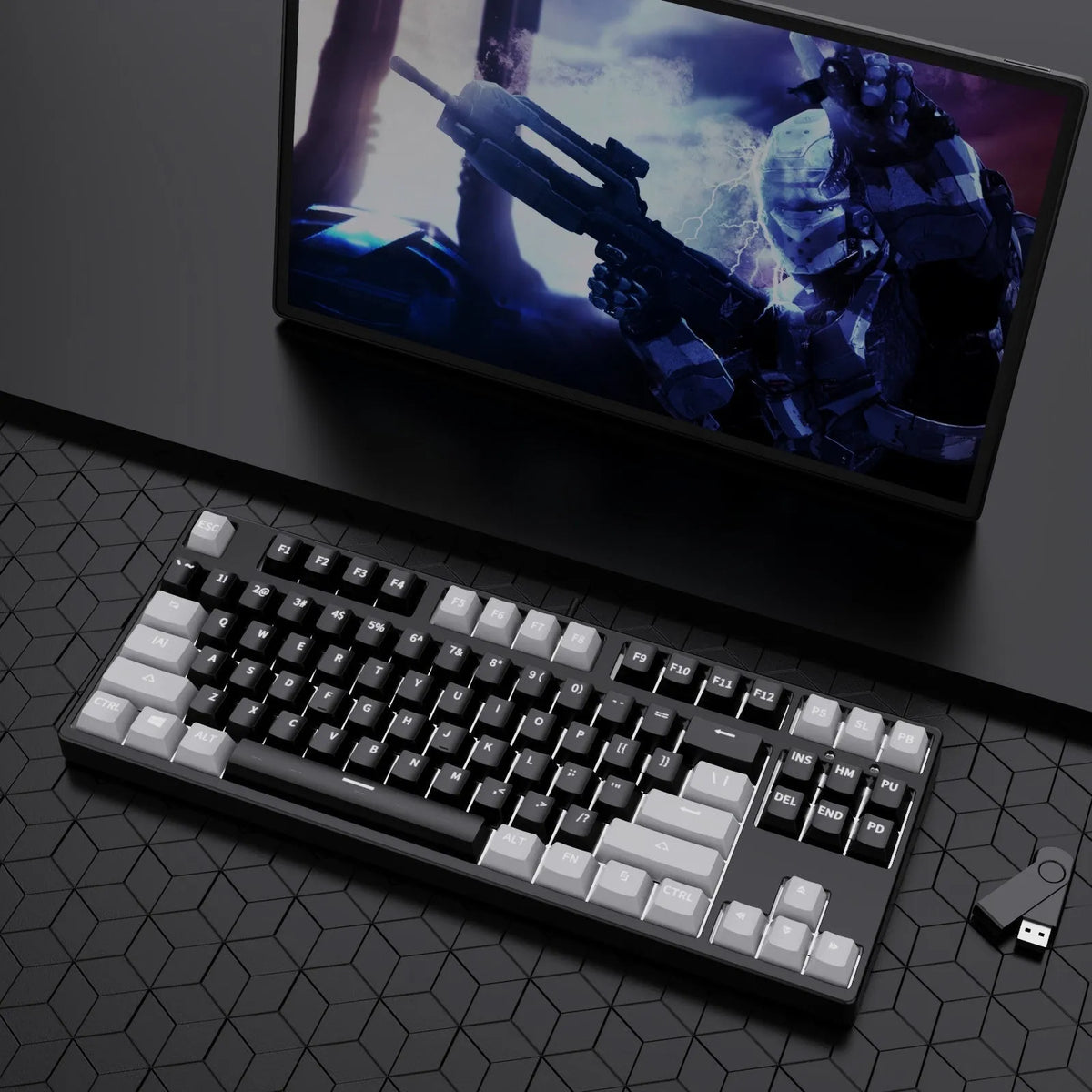 87-key hot-swappable mechanical gaming keyboard with two-tone keycaps and metal chassis