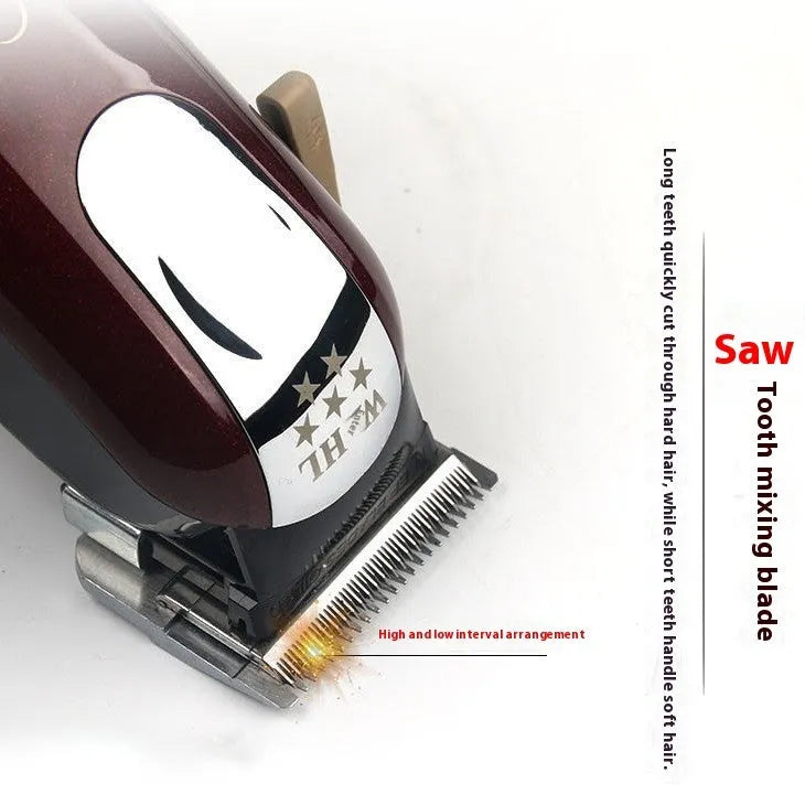 Charging hair clippers with stainless steel cutter head showing EU UK US plug options