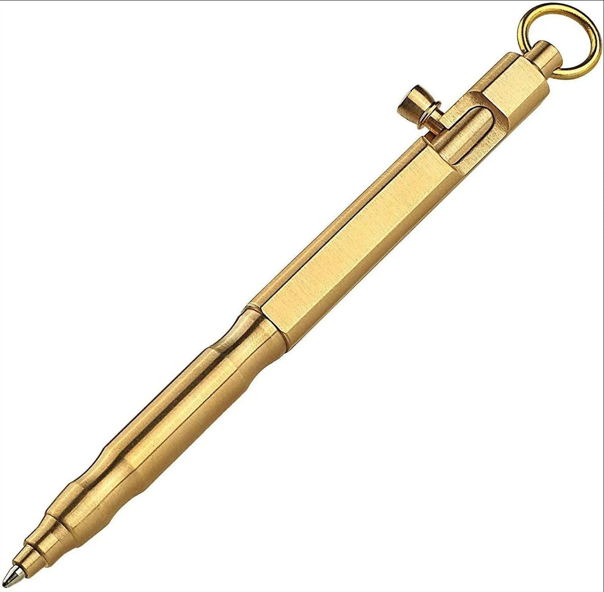 Brass hexagonal bolt tactical pen in brass natural colour and retro black, 13cm long.