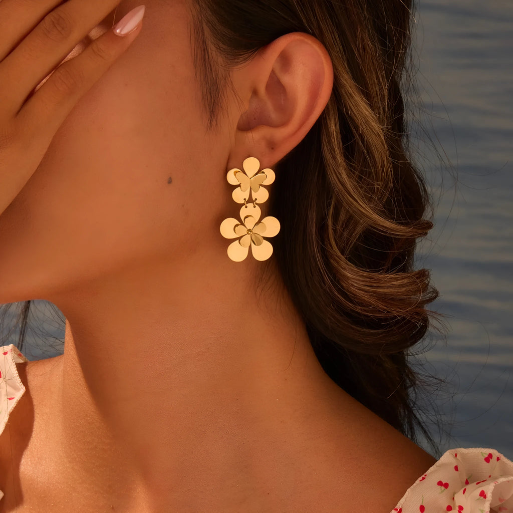 Gold floral butterfly design stainless steel earrings for women with 18K electroplating