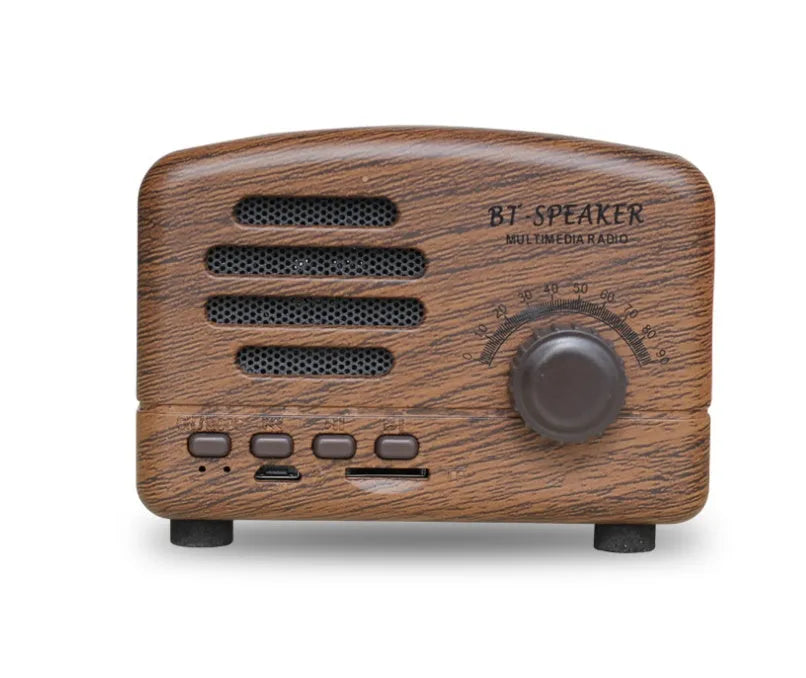 Vintage wood finish Bluetooth speaker in black, pink and wood grain colours showing compact 93x70x59mm dimensions