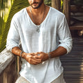 Beige V-neck long-sleeved slim fit t-shirt on a hanger showing front design