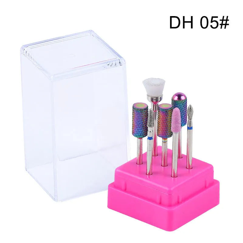Tungsten steel nail drill polishing head set with six bits and a brush in a transparent case.