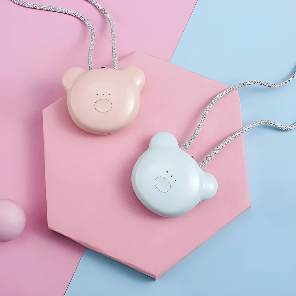 USB rechargeable wearable air purifier necklace in blue colour showing compact dimensions