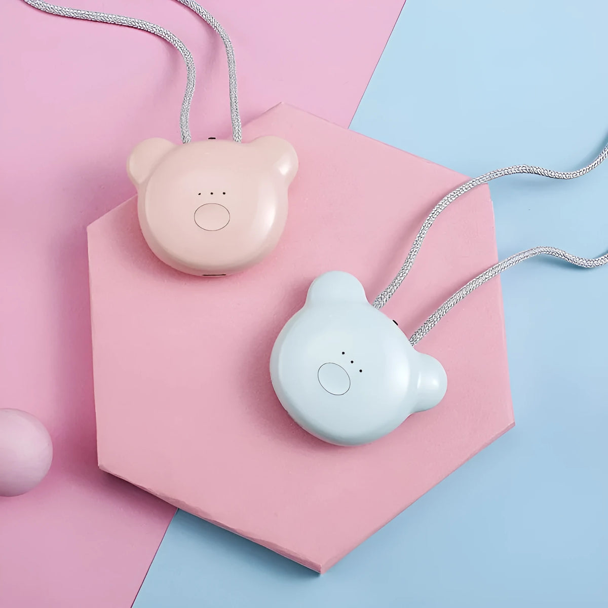 USB rechargeable wearable air purifier necklace in blue colour showing compact dimensions