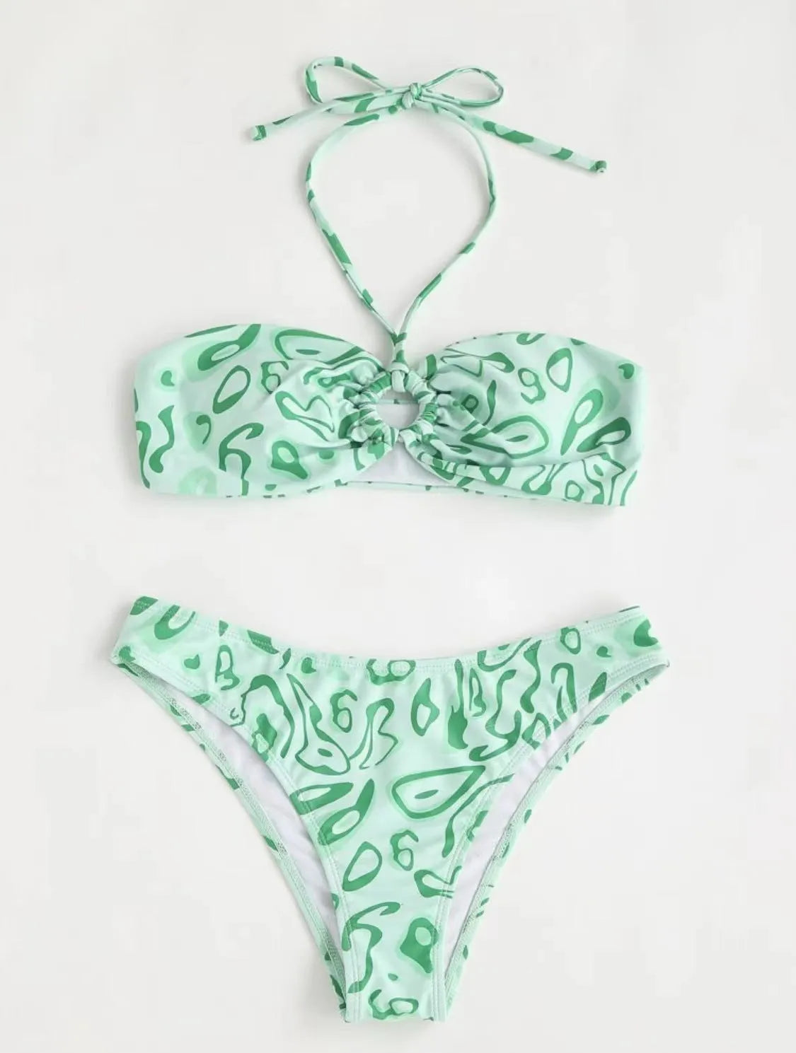 Women's blue floral bandeau bikini with split design and backless styling for swimming