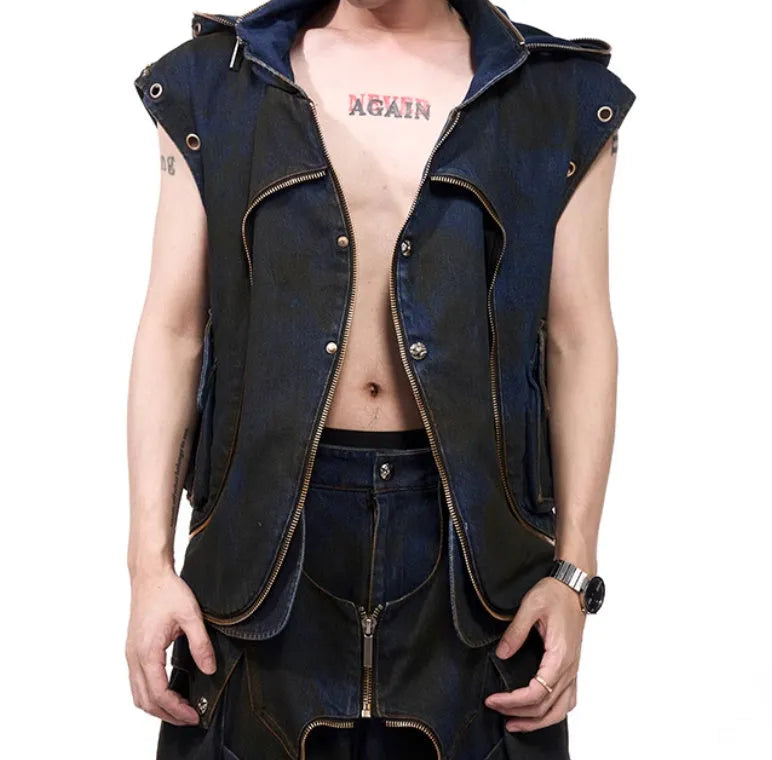 Blue Korean-style hooded denim vest coat with matching trousers, front zip closure