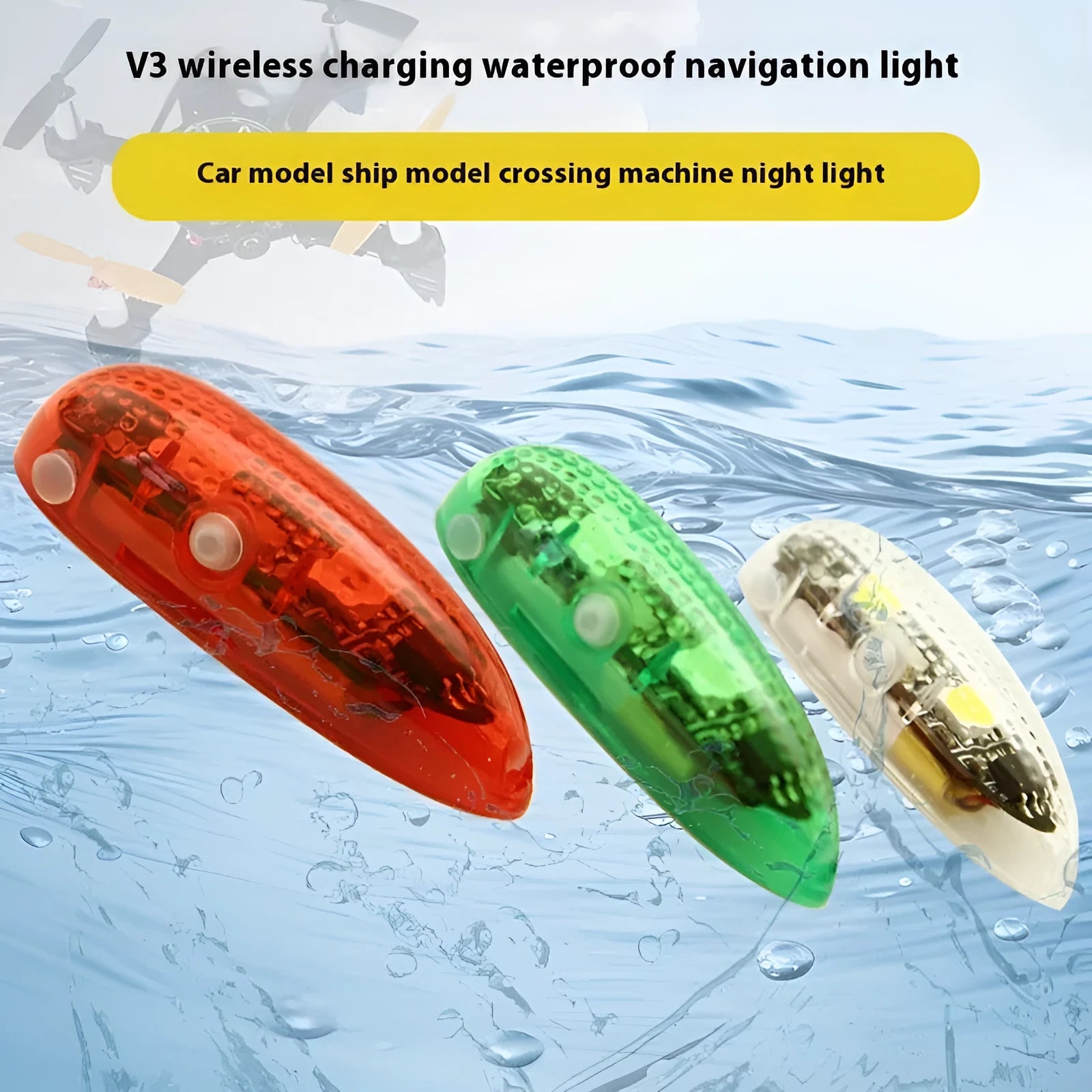 Three small V3 wireless charging waterproof LED navigation lights with adhesive backing for model boats and cars.