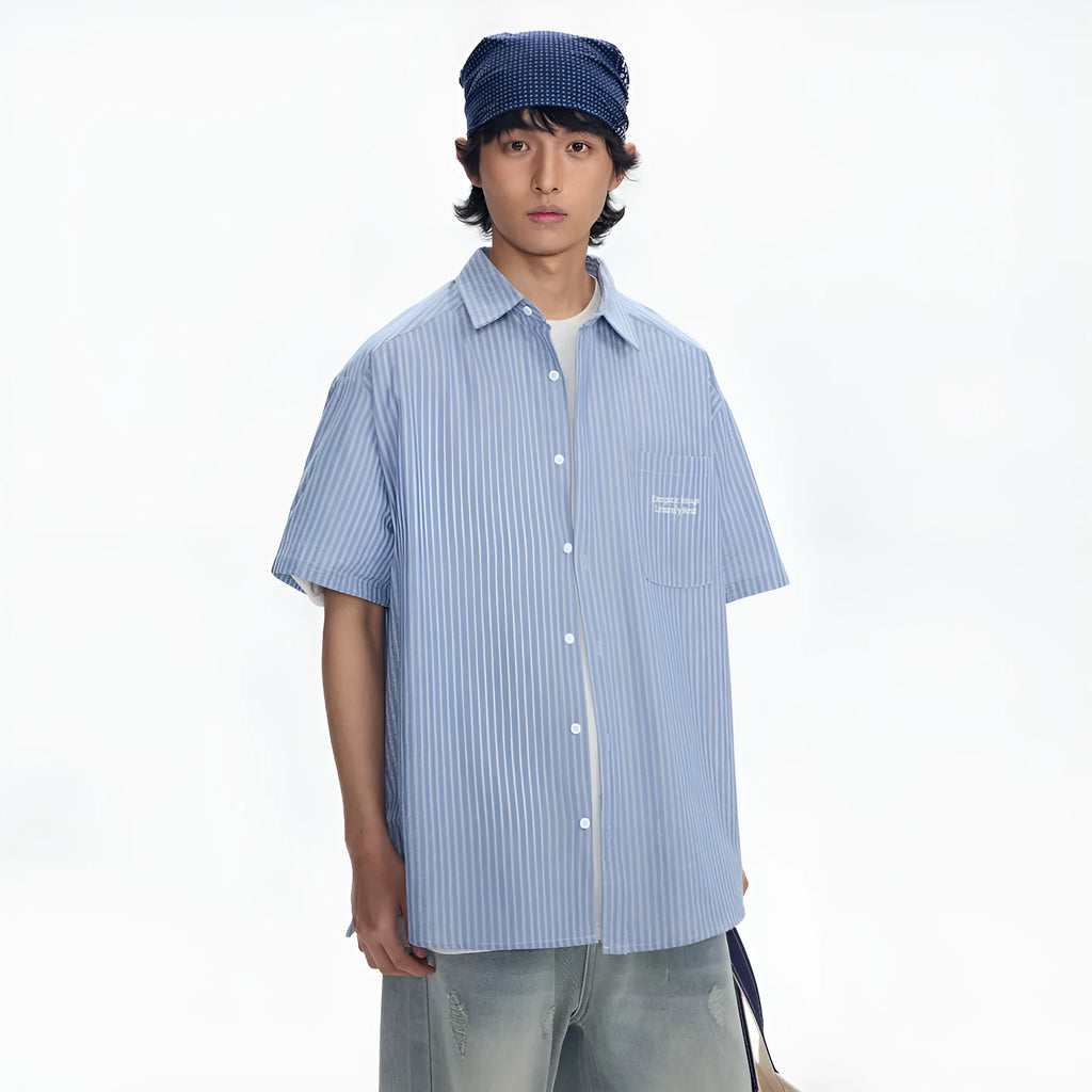 Blue striped overalls short-sleeved shirt in loose-fitting cardigan style