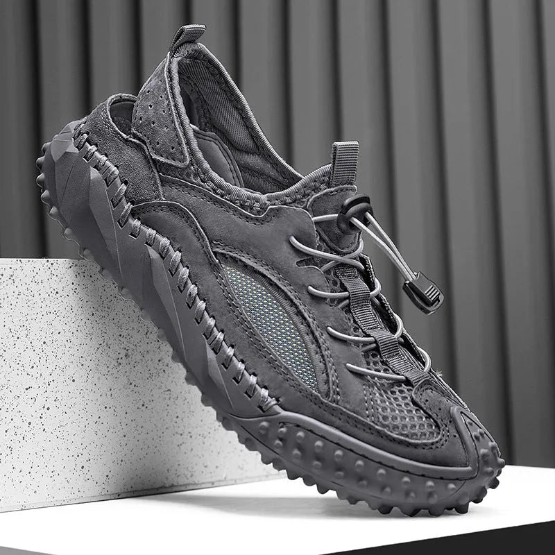 Men's waterproof outdoor sandals with leather mesh uppers, elastic band closure, and non-slip rubber soles