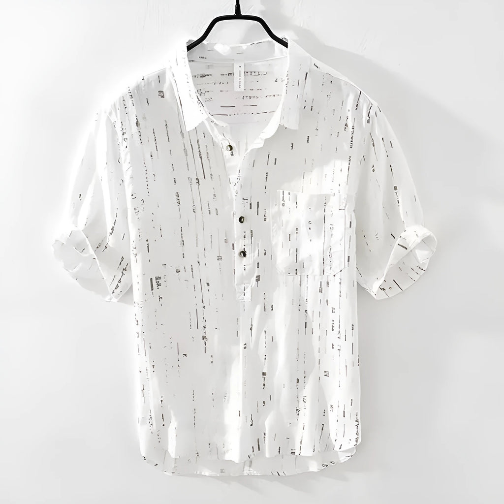 Men's loose-fit short-sleeved polo shirt in white, showing cardigan style and thin fabric.