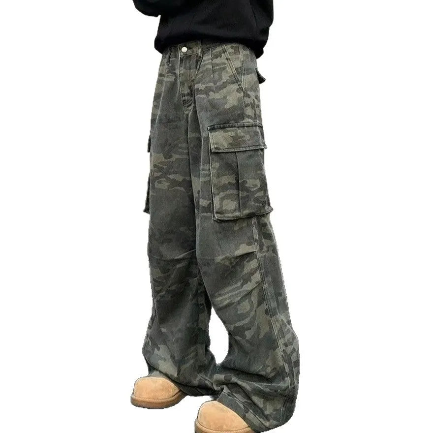 Korean style camouflage cargo pants with multiple pockets and a washed vintage finish.
