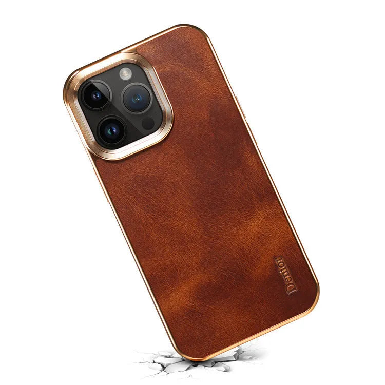 Handmade brown genuine leather iPhone case showing textured surface and slim profile on an iPhone 15 Pro.