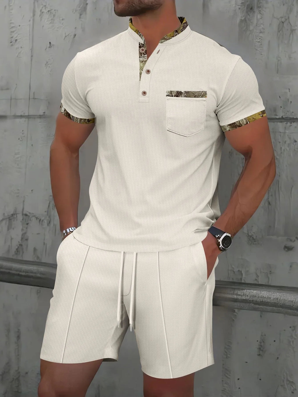 Men's grey waffle texture zip-front polo collar short sleeve top and matching shorts suit set.