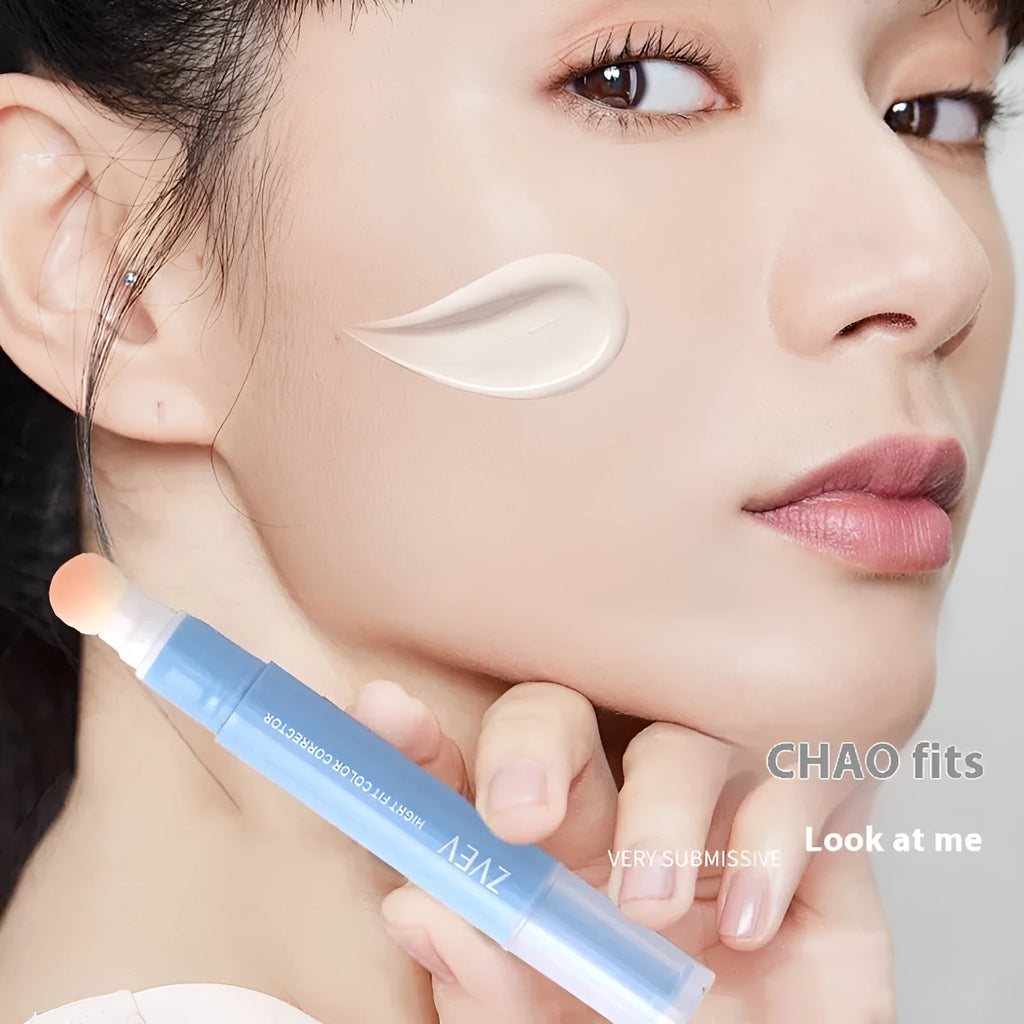 Concealer cream pen with sponge brush head applicator shown in three colour shades.