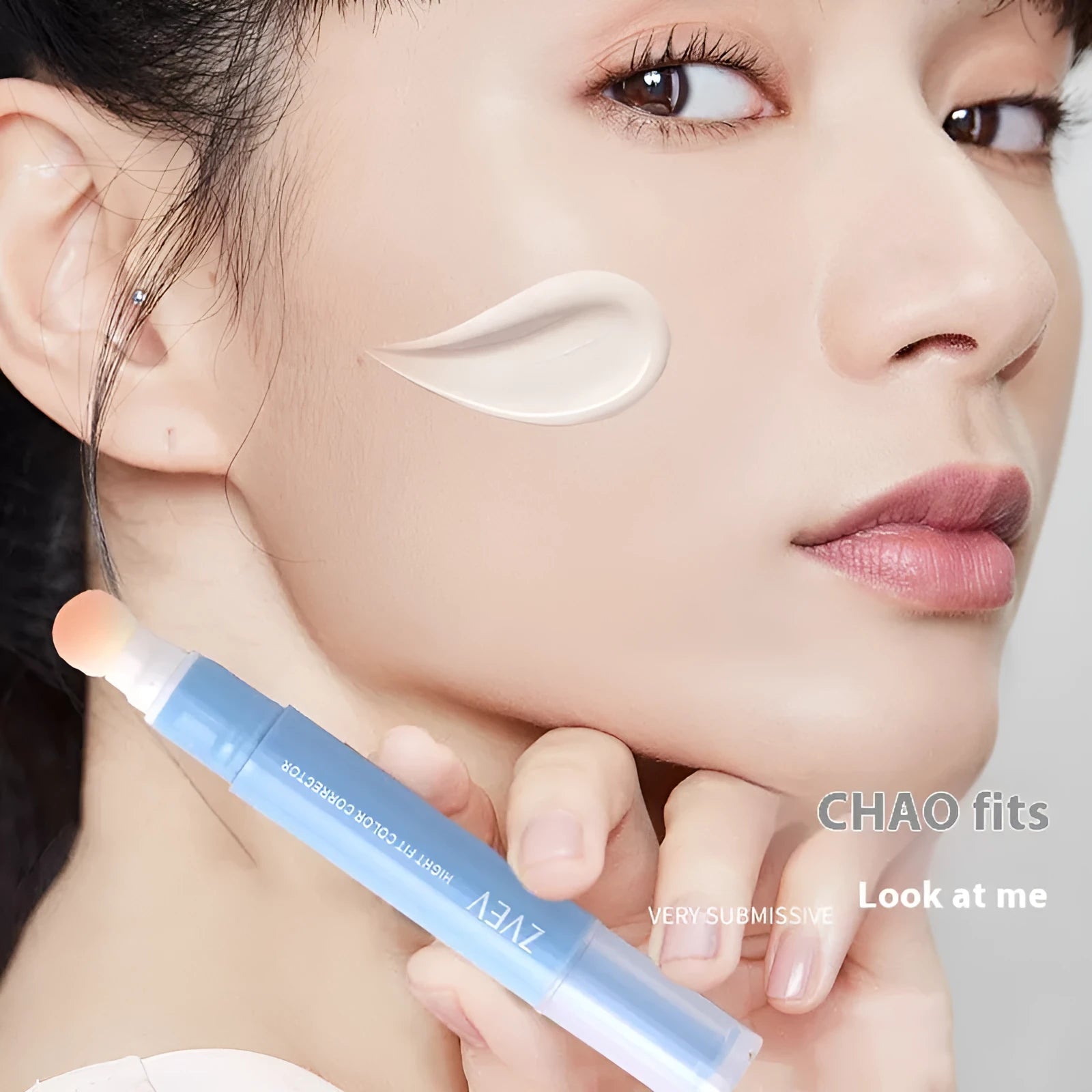 Concealer cream pen with sponge brush head applicator shown in three colour shades.