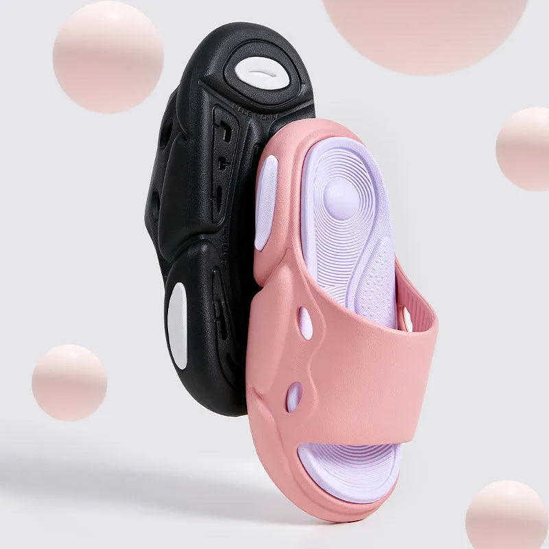 Women's and men's two-colour thick-soled EVA slippers with leather lining in pink purple, white green, or black white colour options.