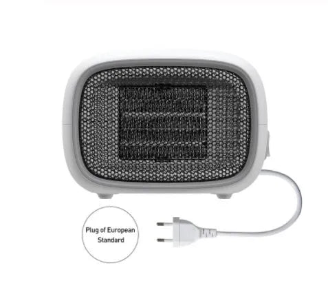 Compact green portable heater with metal grille showing dimensions 158mm x 90mm x 114mm.