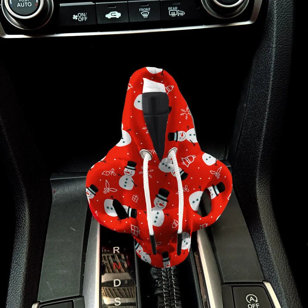 Polyester car gear handle cover in festive Santa Claus and Snowman designs, dustproof decoration for gearstick knob.