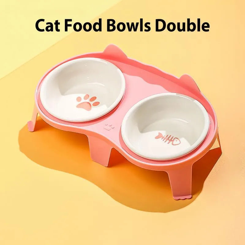 Ceramic elevated cat feeding bowl set with tilted bowls and stand in blue, pink, white or yellow