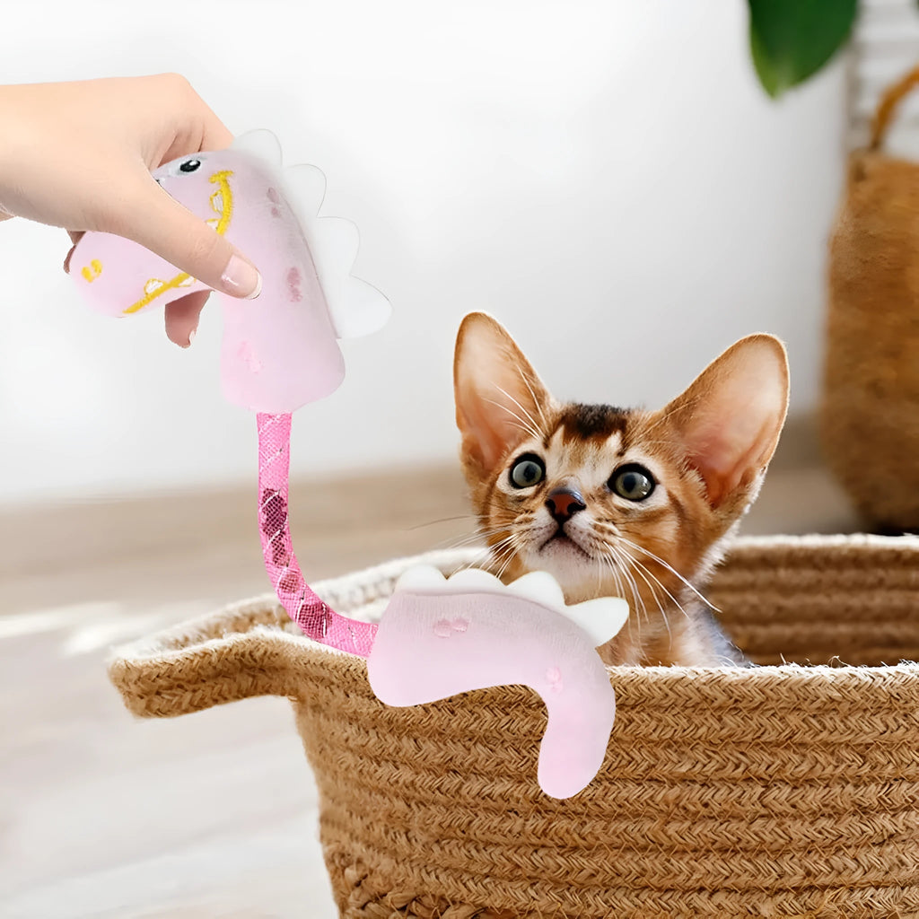 Four cat toys bundle including plush mouse, fish, bunny, and rope toy in pink, purple, or yellow colours