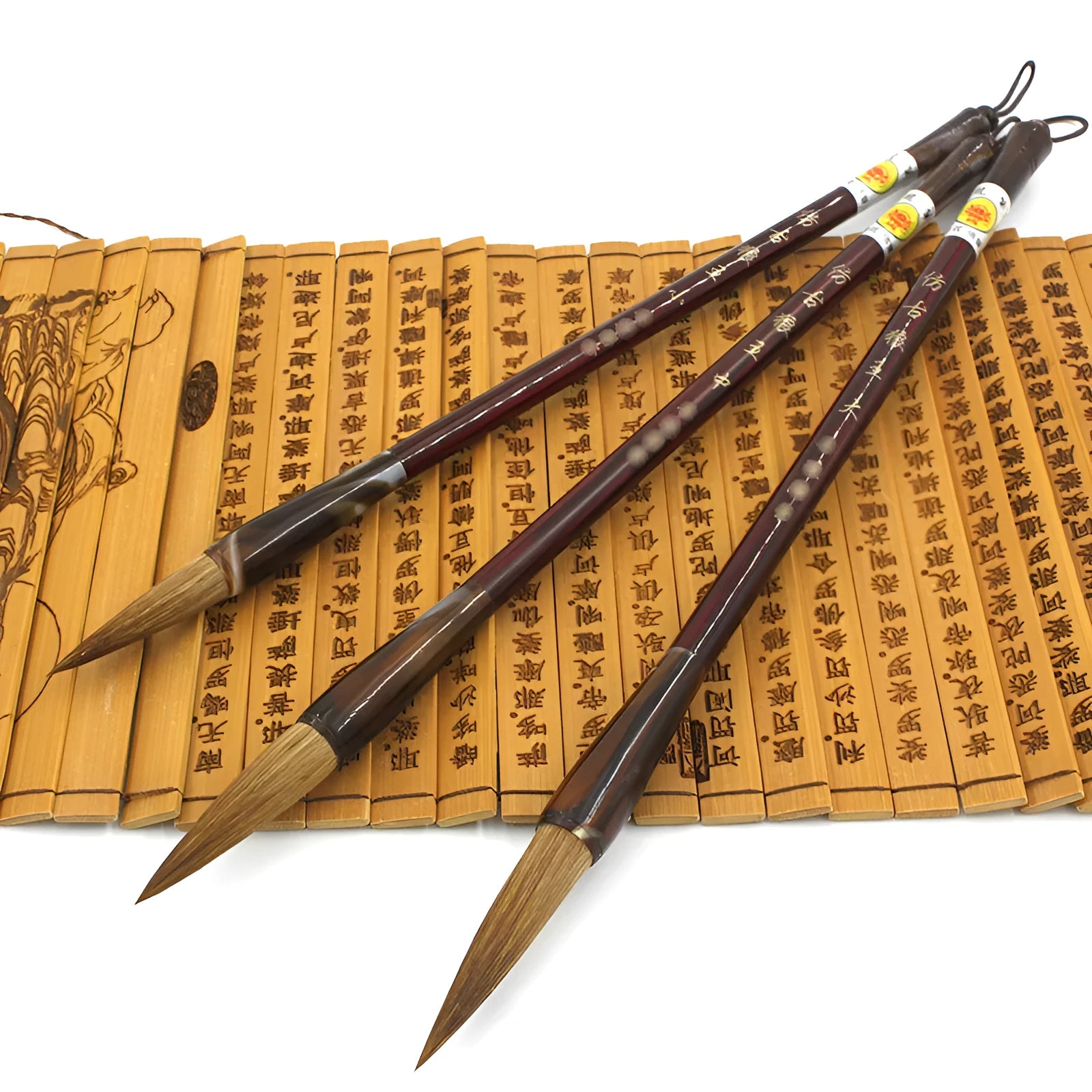 Longfeng steel rod calligraphy brush set with Wolf Hao nibs in large, medium, and small sizes.