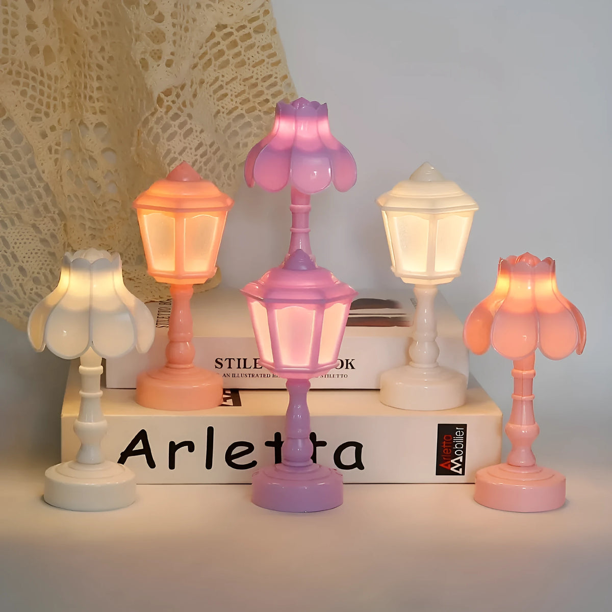 Retro pagoda shaped small night lamp with geometric stereo modelling in light purple colour