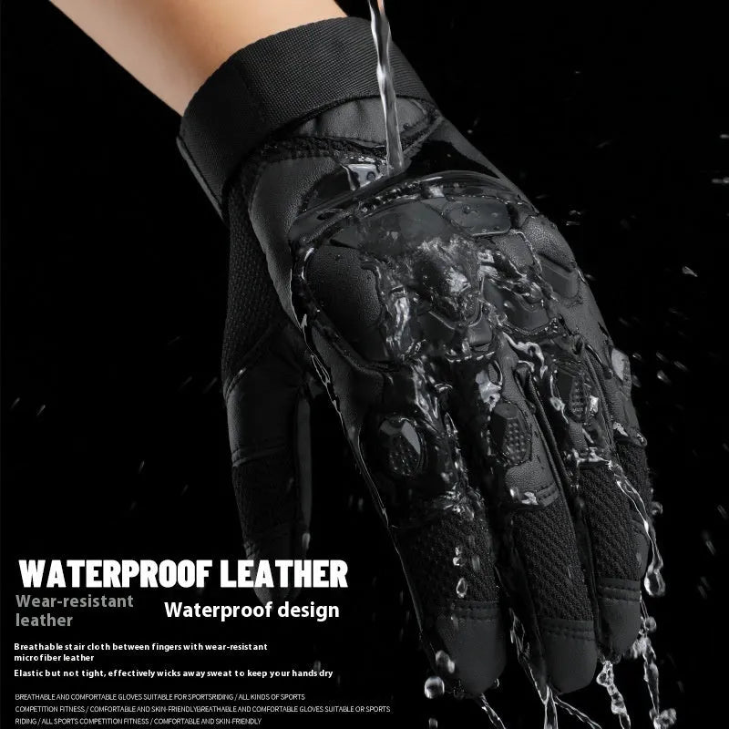 Men's black full finger tactical gloves laid flat, showing touch screen compatible fingertips.