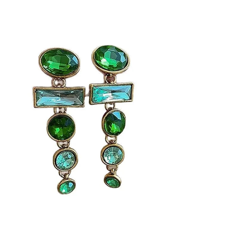 Green gradient geometric alloy earrings with dangling tassels and inlaid zircon stones.