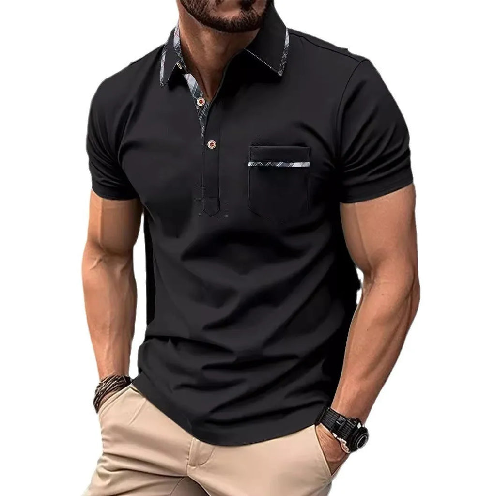 Men's short sleeve lapel polo shirt with dot pattern, available in black, wine red, sky blue and pink, sizes S to XXXL.