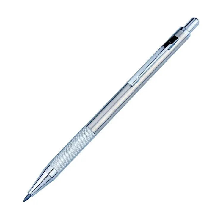Metal automatic mechanical pencil shown with various lead size options including 0.5mm, 0.7mm, and 2.0mm.