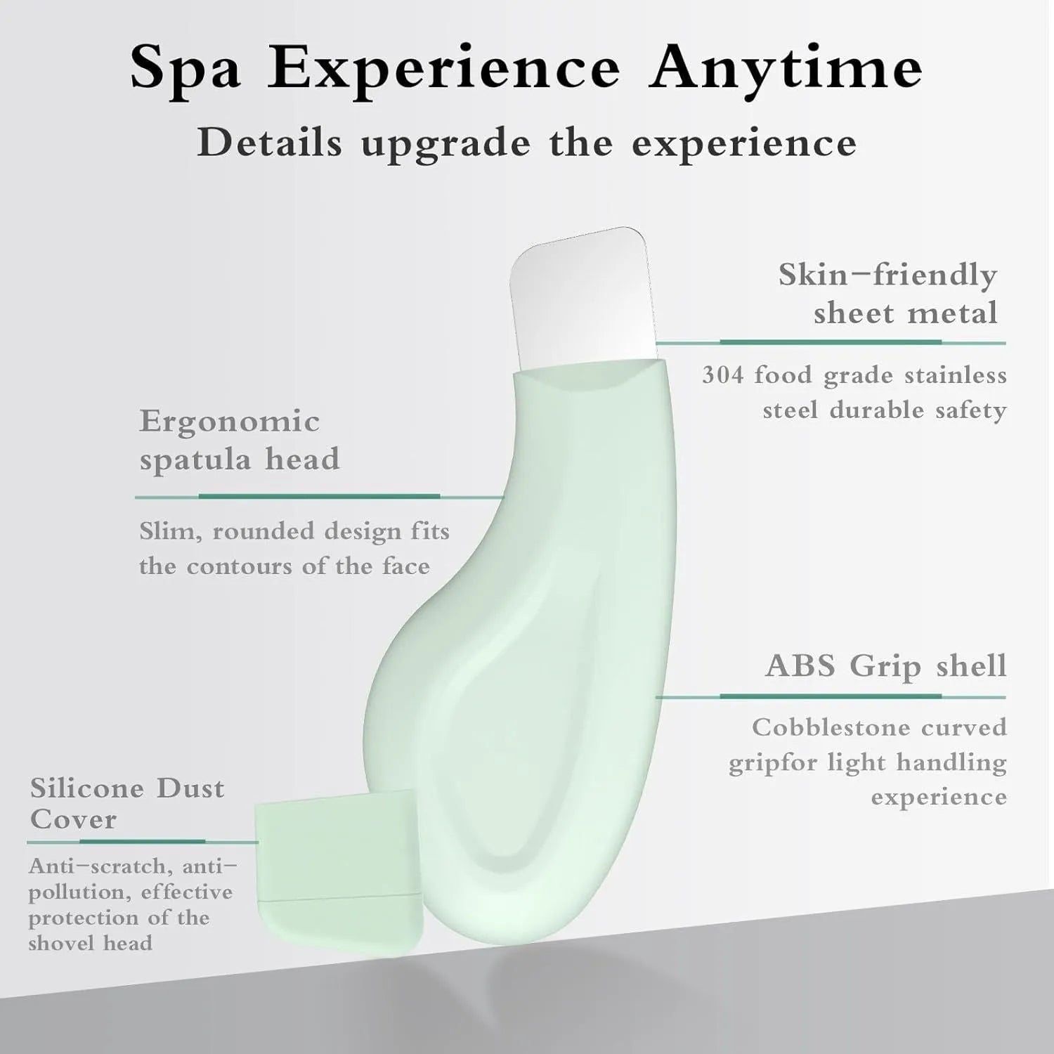 Green stainless steel facial pore scraper tool with a silicone handle for blackhead removal.