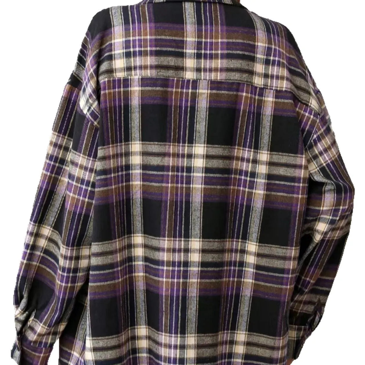 A woman's loose-fit long sleeve plaid shirt in a casual retro style, shown on a hanger.