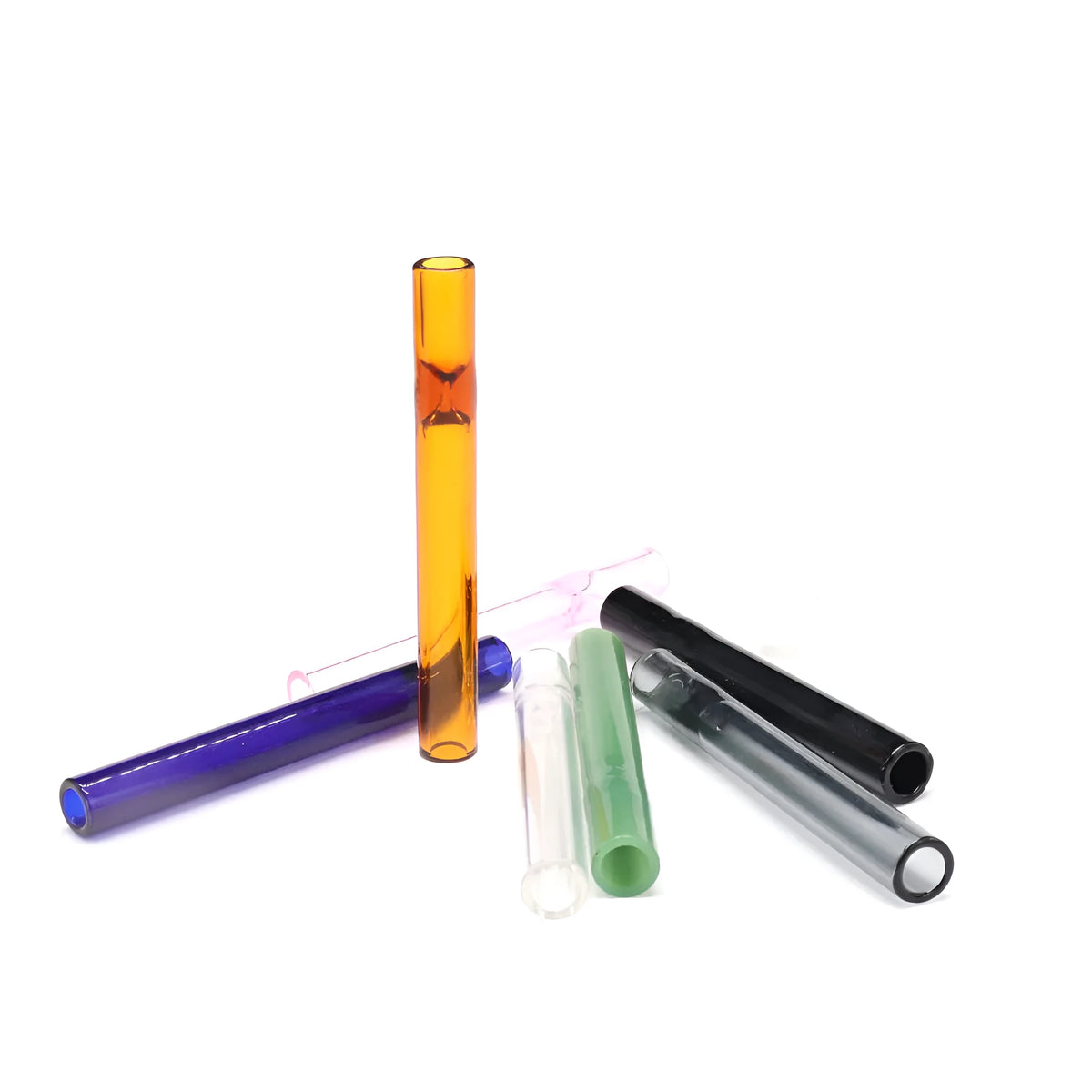Clear glass telescopic smoke pipe with straight suction nozzle showing transparent colour-mixing effect