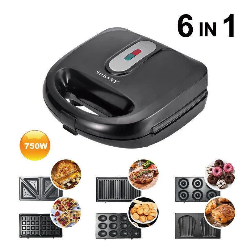 Black electric sandwich pan with double-sided heating, brushed stainless steel lid, and non-stick cooking plates.