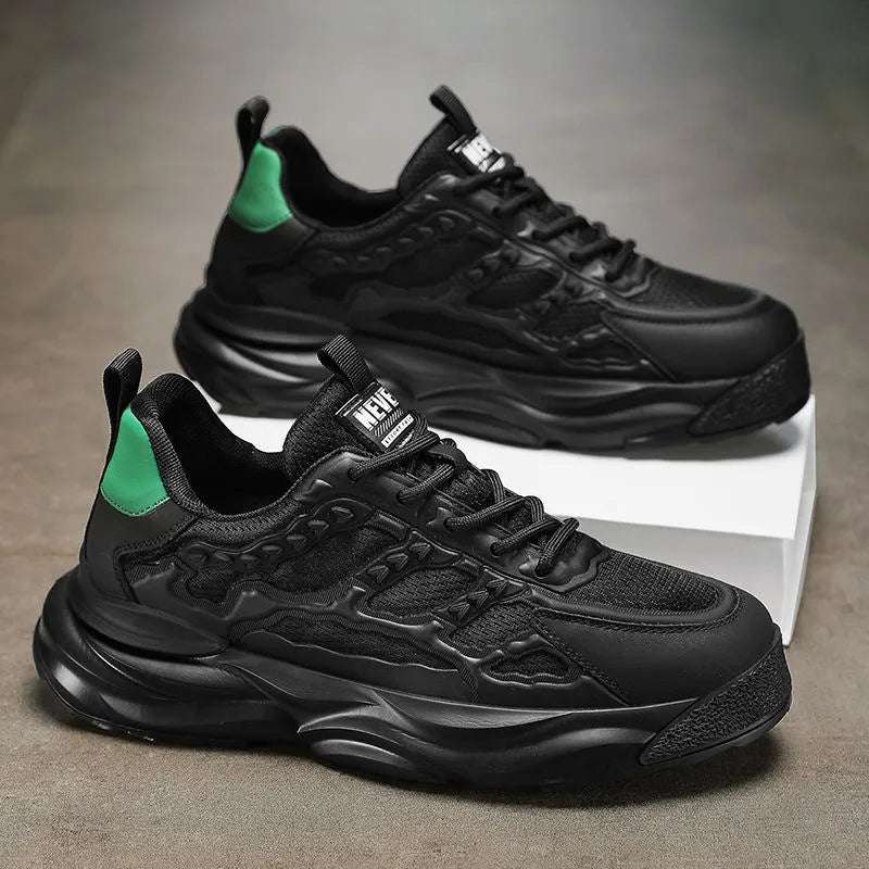 Men's solid colour breathable mesh shoes with round toe, shown in black and white.