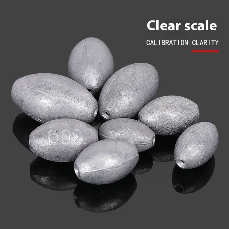 Rugby-shaped olive green lead fishing sinker with plastic core, shown with weight options from 10g to 150g.